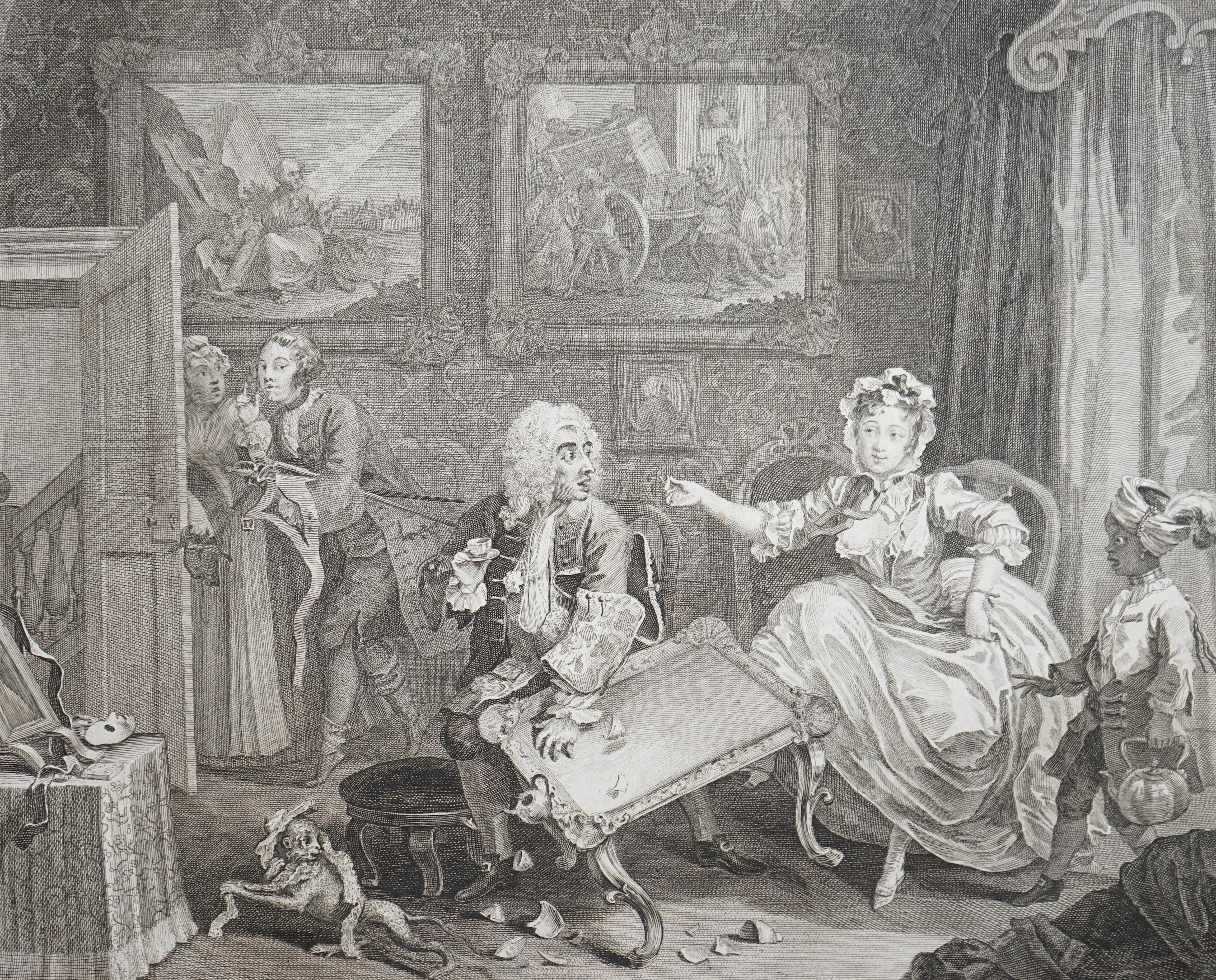 William Hogarth (English, 1697-1764), The Harlots Progress c.1775, Jane Hogarth edition, set of eight engravings, 30.5 x 58cm